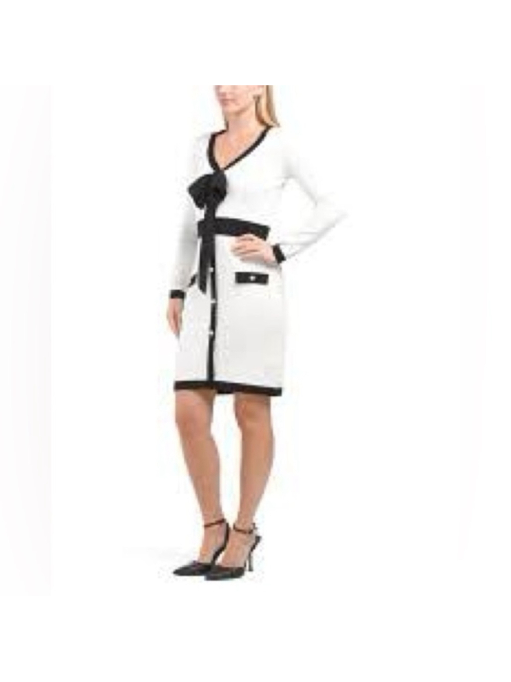 Taylor dress Two-Tone V-Neck Sweater Dress gold details Bow Style Size XS NWT